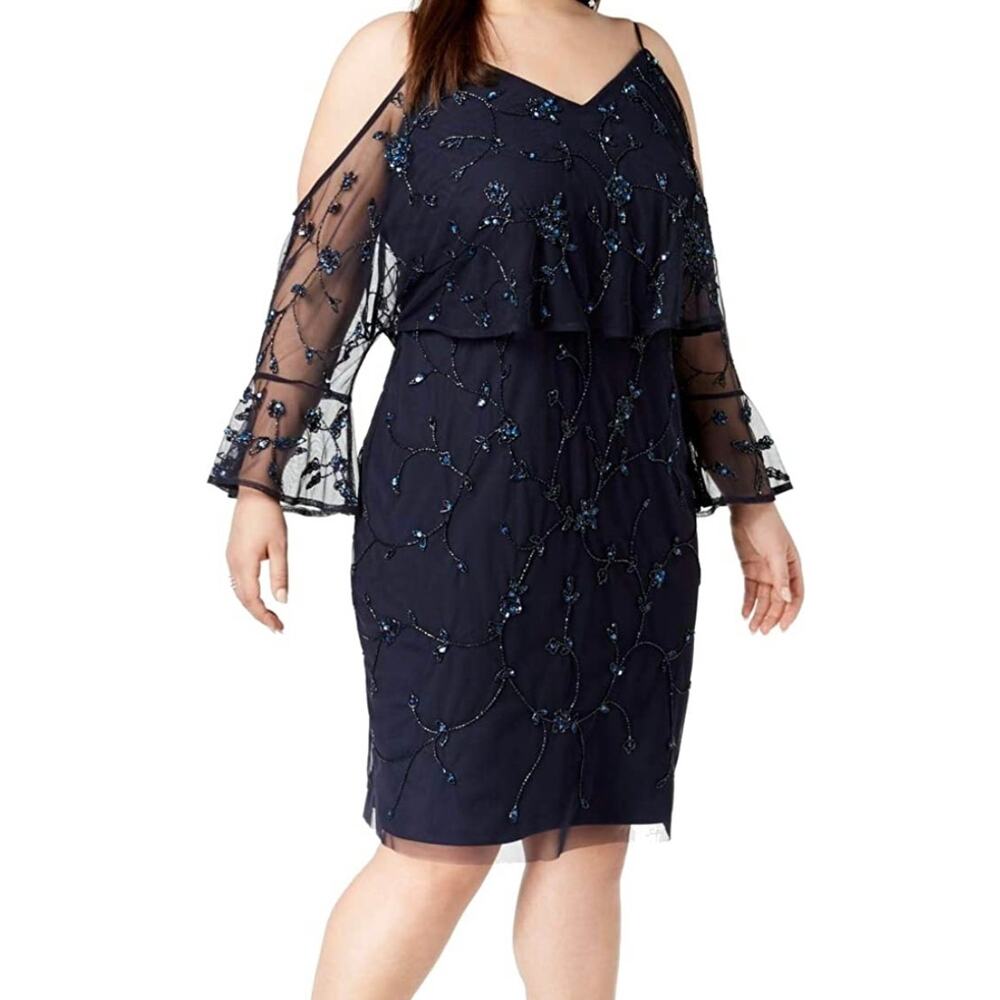 Adrianna Papell Beaded Long Sleeve Cut Out Sheath Cocktail Dress Blue Size 4